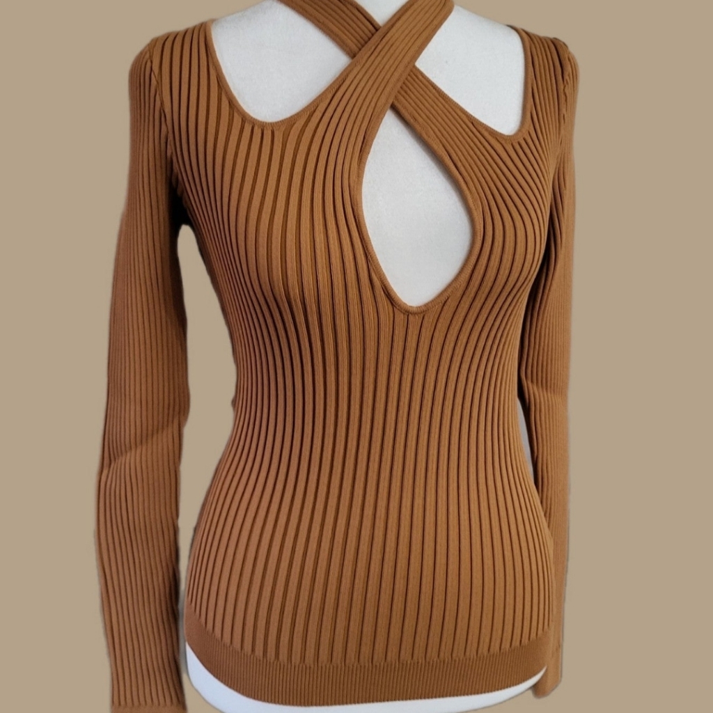 Minkpink Gianna Long Sleeve Knit Blouse In Pecan, Sweater, Halter